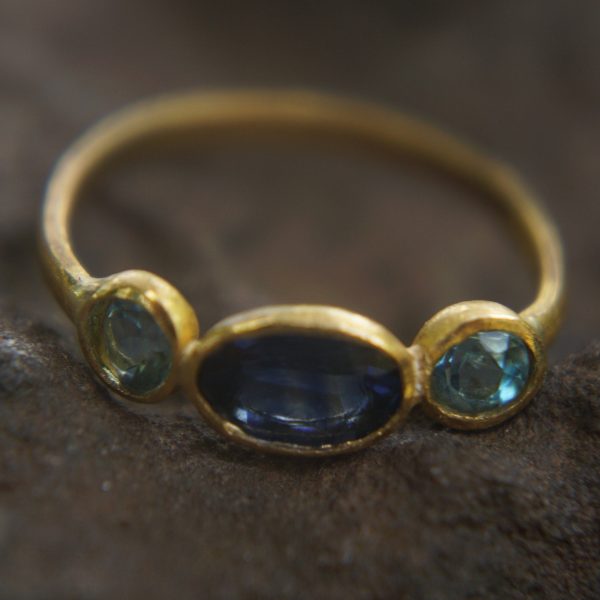 Blue sapphire ring//artisan aquamarine ring//aquamarine 24k ring//24k gold ring//24k gold sapphire ring//gold sapphire aquamarine