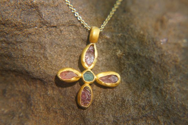 24k gold pendant//flower 24k gold //gold artisan charm//flower gold pendant/artisan gold pendant//tourmaline pendant charm//24k gold pendant