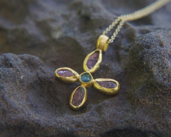 24k gold pendant//flower 24k gold //gold artisan charm//flower gold pendant/artisan gold pendant//tourmaline pendant charm//24k gold pendant