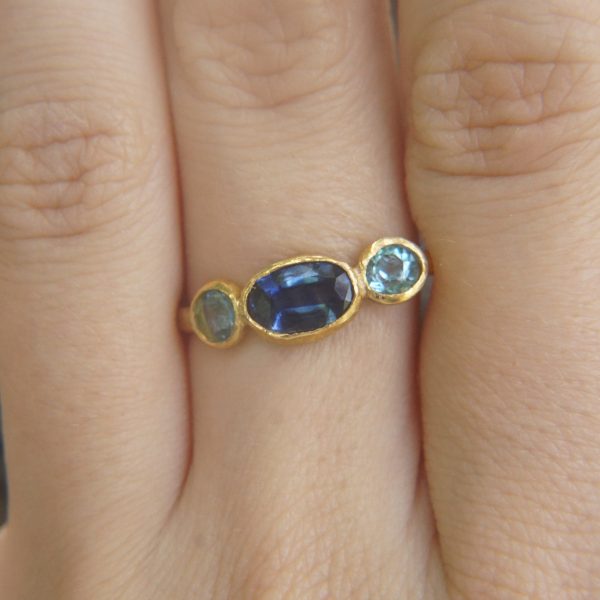 Blue sapphire ring//artisan aquamarine ring//aquamarine 24k ring//24k gold ring//24k gold sapphire ring//gold sapphire aquamarine