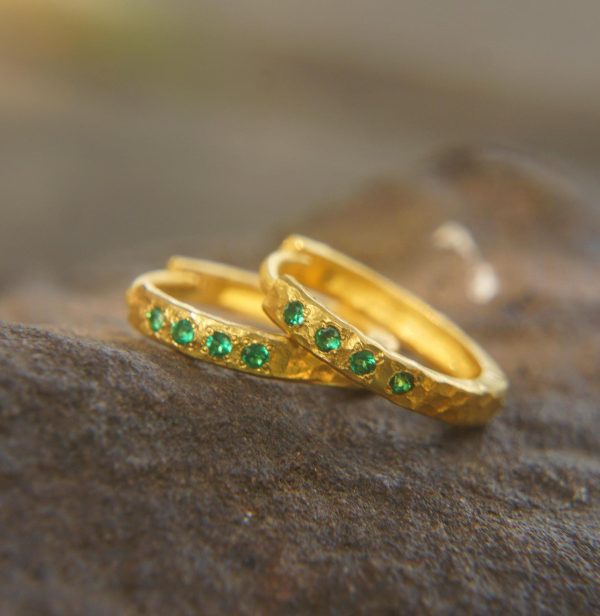 22k gold emerald hoops//gold green emerald earrings//artisan emerald earrings//handmade gold hoops//22k emerald earrings//22k gold hoops