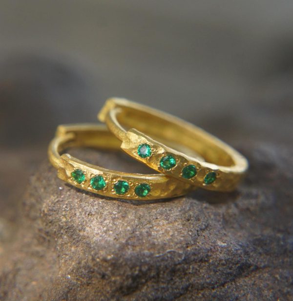 22k gold emerald hoops//gold green emerald earrings//artisan emerald earrings//handmade gold hoops//22k emerald earrings//22k gold hoops
