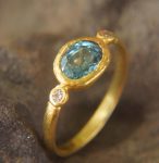 natural blue zircon 24k gold ring//24k gold ring//unique engagement ring//24k gold gem ring//gold white diamond//diamond and blue zircon