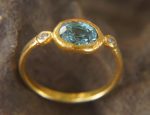 natural blue zircon 24k gold ring//24k gold ring//unique engagement ring//24k gold gem ring//gold white diamond//diamond and blue zircon