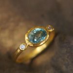 natural blue zircon 24k gold ring//24k gold ring//unique engagement ring//24k gold gem ring//gold white diamond//diamond and blue zircon
