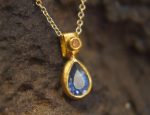 24k gold blue sapphire//pear blue sapphire pendant//drop blue sapphire gold necklace//artisan sapphire pendant