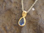 24k gold blue sapphire and diamond pendant//pear blue sapphire pendant//diamond gold necklace//artisan sapphire pendant