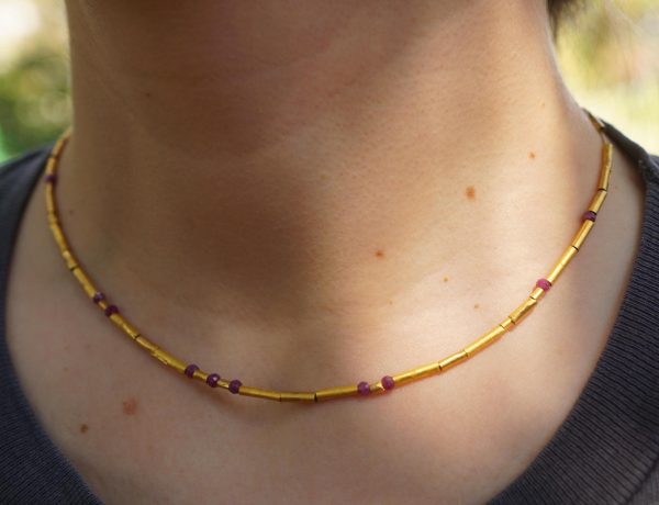 24k gold beads and ruby necklace//24k handmade beads necklace//gold artisan chain//24k gold ruby chain necklace//24k artisan gold necklace