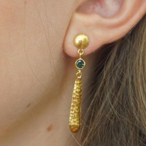 24K Gold Montana sapphire dangle earrings//24k gold sapphire and blue topaz drop Earrings//solid gold dangles//24k gold artisan jewelry