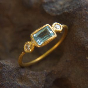 24k blue tourmaline and diamond ring//artisan tourmaline ring//24k tourmaline and diamond//24k gold ring//24k gold diamond ring