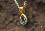 24k gold blue sapphire and diamond pendant//pear blue sapphire pendant//diamond gold necklace//artisan sapphire pendant