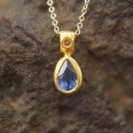 24k gold blue sapphire and diamond pendant//pear blue sapphire pendant//diamond gold necklace//artisan sapphire pendant