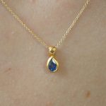 24k gold blue sapphire and diamond pendant//pear blue sapphire pendant//diamond gold necklace//artisan sapphire pendant