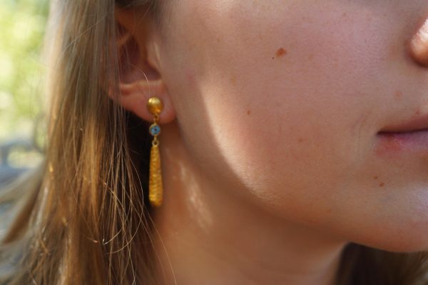 24K Gold Montana sapphire dangle earrings//24k gold sapphire and blue topaz drop Earrings//solid gold dangles//24k gold artisan jewelry