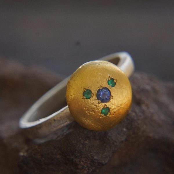 gold and silver multi color stones ring//24k yellow gold//bi color handmade one of kind//keum boo gold ring//mix metal unique statement ring