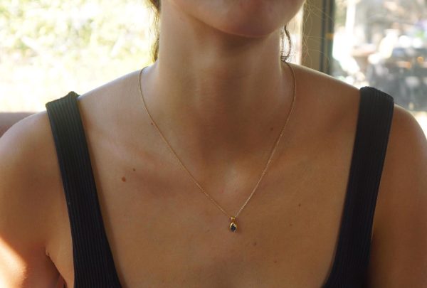 24k gold blue sapphire and diamond pendant//pear blue sapphire pendant//diamond gold necklace//artisan sapphire pendant