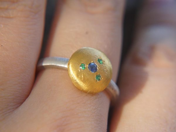 gold and silver multi color stones ring//24k yellow gold//bi color handmade one of kind//keum boo gold ring//mix metal unique statement ring