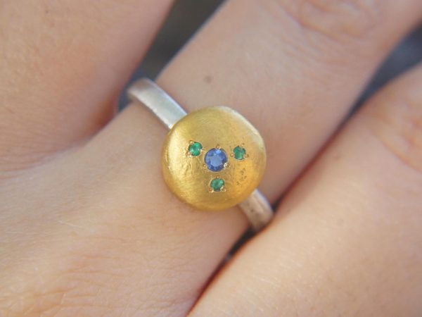 gold and silver multi color stones ring//24k yellow gold//bi color handmade one of kind//keum boo gold ring//mix metal unique statement ring