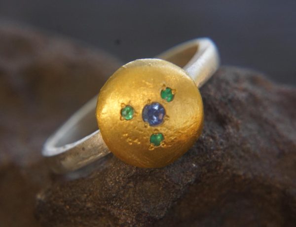 gold and silver multi color stones ring//24k yellow gold//bi color handmade one of kind//keum boo gold ring//mix metal unique statement ring