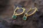 22k gold emerald hoops//gold emerald square hoops//artisan gold emerald earrings//handmade artisan gold hoops//22k gold emerald earrings