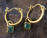 22k gold emerald hoops//gold emerald square hoops//artisan gold emerald earrings//handmade artisan gold hoops//22k gold emerald earrings