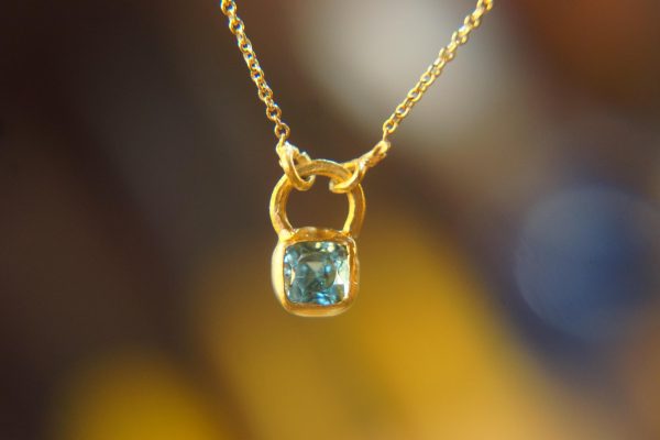 24k gold blue tourmaline pendant//square blue tourmaline pendant//tourmaline gold necklace//artisan 24k gold pendant//handmade one of a kind