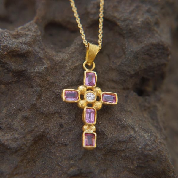 24k cross//gold diamond and sapphire cross//gold artisan multi color cross//diamond and sapphire gold cross//24k gold cross