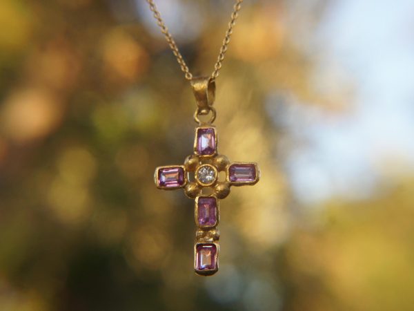 24k cross//gold diamond and sapphire cross//gold artisan multi color cross//diamond and sapphire gold cross//24k gold cross