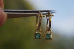 22k gold emerald hoops//gold emerald square hoops//artisan gold emerald earrings//handmade artisan gold hoops//22k gold emerald earrings