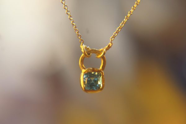 24k gold blue tourmaline pendant//square blue tourmaline pendant//tourmaline gold necklace//artisan 24k gold pendant//handmade one of a kind