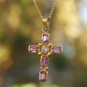 24k cross//gold diamond and sapphire cross//gold artisan multi color cross//diamond and sapphire gold cross//24k gold cross
