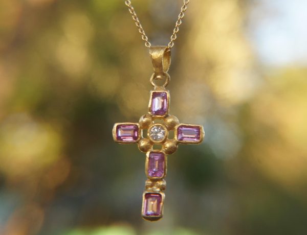 24k cross//gold diamond and sapphire cross//gold artisan multi color cross//diamond and sapphire gold cross//24k gold cross