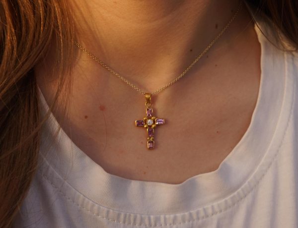 24k cross//gold diamond and sapphire cross//gold artisan multi color cross//diamond and sapphire gold cross//24k gold cross