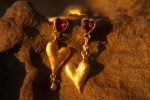24k gold studs heart and Red Garnet stone, hammered gold studs, artisan gold studs, 24k gold earrings, Red Garnet heart studs