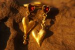24k gold studs heart and Red Garnet stone, hammered gold studs, artisan gold studs, 24k gold earrings, Red Garnet heart studs