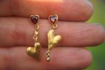 24k gold studs heart and Red Garnet stone, hammered gold studs, artisan gold studs, 24k gold earrings, Red Garnet heart studs