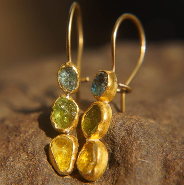 sale solid gold dangle earrings//blue green yellow gem Earrings//Gold Dangle & Drop Earrings//spring color earrings//24k gold earrings//