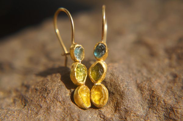 sale solid gold dangle earrings//blue green yellow gem Earrings//Gold Dangle & Drop Earrings//spring color earrings//24k gold earrings//