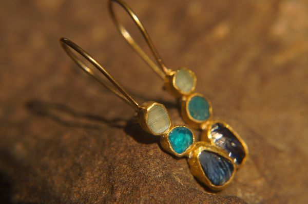 solid gold dangle//blue colors gem Earrings//Gold Dangle//spring color earring//24k gold earrings//blue tourmaline blue apetite and sapphire