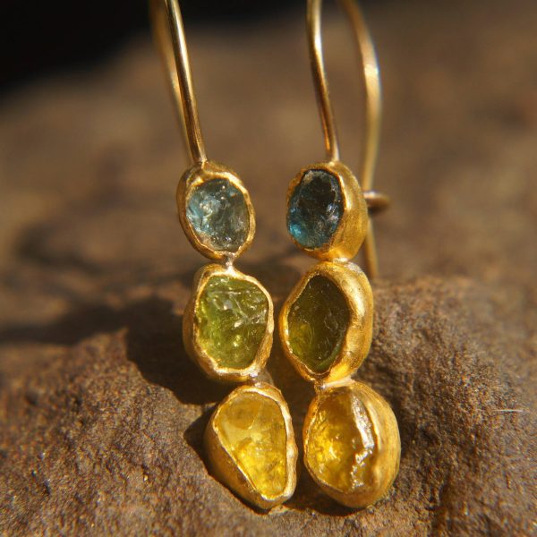 sale solid gold dangle earrings//blue green yellow gem Earrings//Gold Dangle & Drop Earrings//spring color earrings//24k gold earrings//