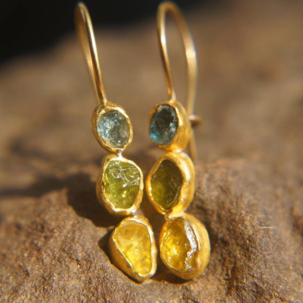 sale solid gold dangle earrings//blue green yellow gem Earrings//Gold Dangle & Drop Earrings//spring color earrings//24k gold earrings//