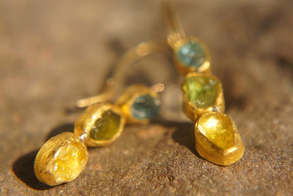 sale solid gold dangle earrings//blue green yellow gem Earrings//Gold Dangle & Drop Earrings//spring color earrings//24k gold earrings//