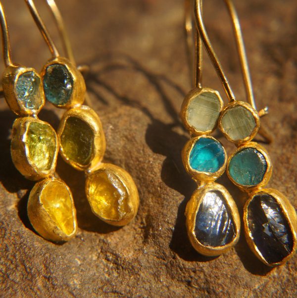 sale solid gold dangle earrings//blue green yellow gem Earrings//Gold Dangle & Drop Earrings//spring color earrings//24k gold earrings//