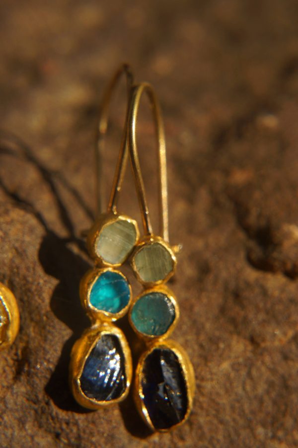 solid gold dangle//blue colors gem Earrings//Gold Dangle//spring color earring//24k gold earrings//blue tourmaline blue apetite and sapphire
