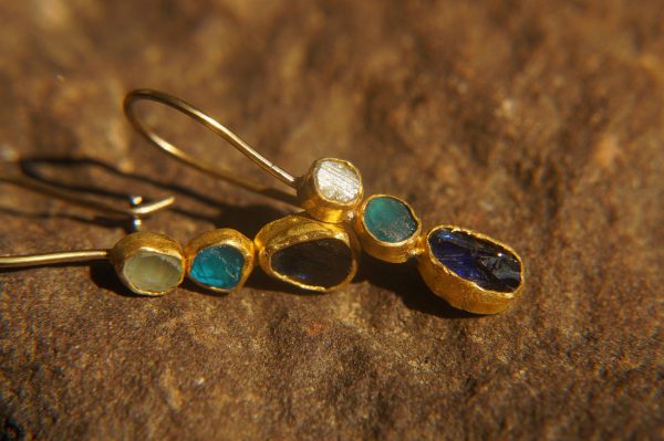 solid gold dangle//blue colors gem Earrings//Gold Dangle//spring color earring//24k gold earrings//blue tourmaline blue apetite and sapphire