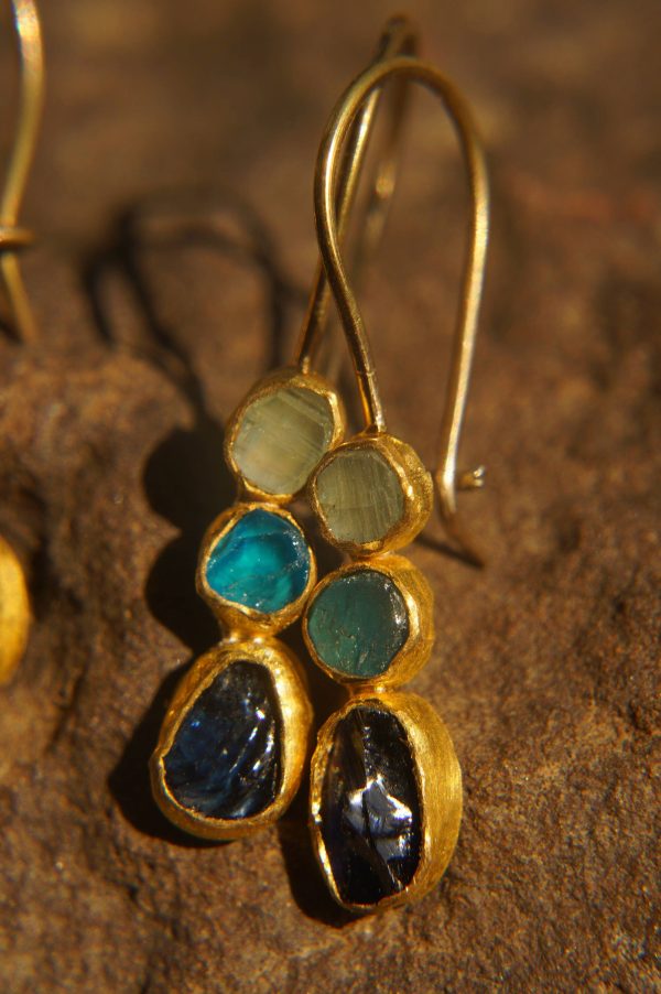 solid gold dangle//blue colors gem Earrings//Gold Dangle//spring color earring//24k gold earrings//blue tourmaline blue apetite and sapphire
