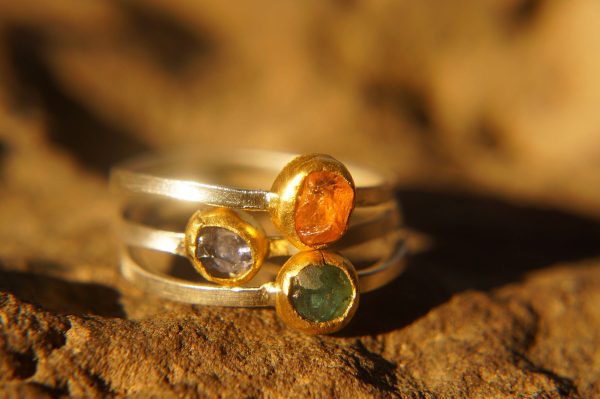 3 raw stacking ring-gold stacking ring-stacking rings set-gefen-raw stone ring-alternative engagement ring-blue sapphire ring