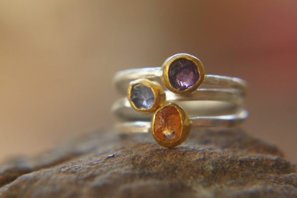 3 raw stacking ring-gold stacking ring-stacking rings set-gefen-raw stone ring-alternative engagement ring-blue sapphire ring