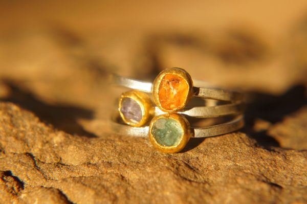 3 raw stacking ring-gold stacking ring-stacking rings set-gefen-raw stone ring-alternative engagement ring-blue sapphire ring