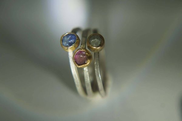 3 raw stacking ring-gold stacking ring-stacking rings set-gefen-raw stone ring-alternative engagement ring-blue sapphire ring